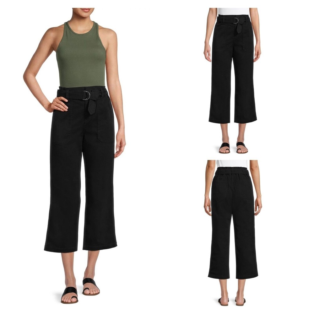 New Women's 16  Black Pant High Rise, Paperbag, Belt, Crop, Boyfriend Fit